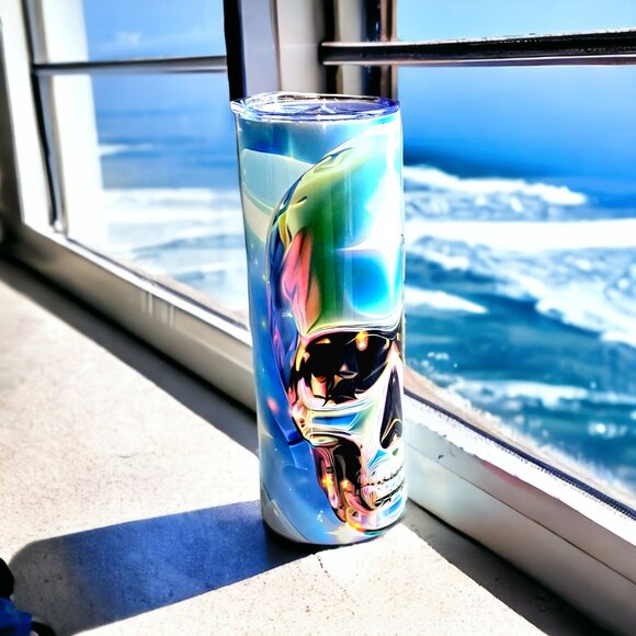 Iridescent Skull Tumbler Tron 3D 20oz Stainless Steel Cup Holographic Chrome - Picture 3 of 6